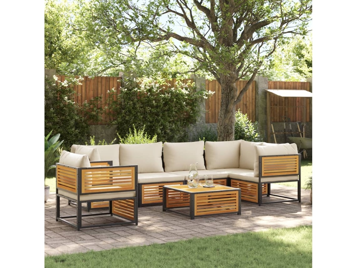 Conjunto de sofá de jardín de 7 piezas con cojines, madera maciza de acacia, DKD Home Decor