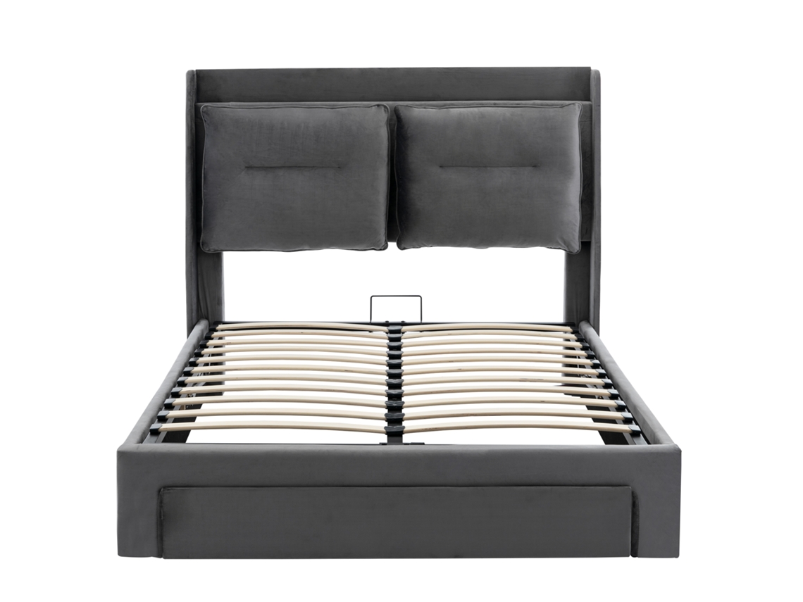 Sofá cama empotrado con cajones, pie tapizado, tira LED, terciopelo gris Mobrio (140x190)