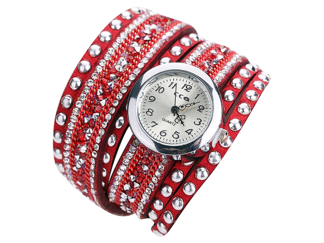 Reloj De Pulsera De Aleación Para Mujer Ccq Con Diamantes De Imitación Multicapa, Color Rojo, Movimiento De Cuarzo.