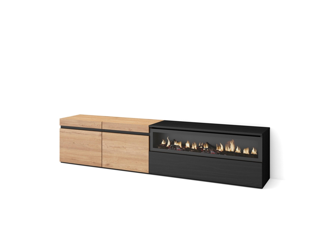 Mueble TV Televisión 200x45x35cm Para TV hasta 80 Chimenea eléctrica Roble y negro