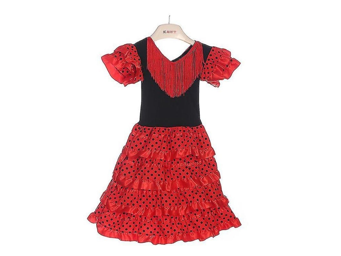 Traje de baile flamenco Rebe para niñas, Sevilla, tallas de 2 a 10, rojo/negro, volantes rojos, talla XL (10 a 12 años).