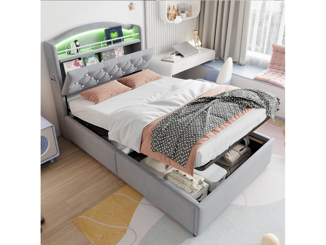 Cama Infantil De Terciopelo Gris De 90x200 Cm, Con Led, Usb Y Espacio De Almacenamiento, Estilo Moderno.