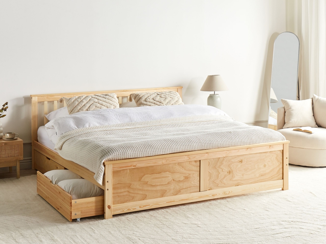 Cama doble Olendon de BELIANI en pino marrón claro 169x206x82