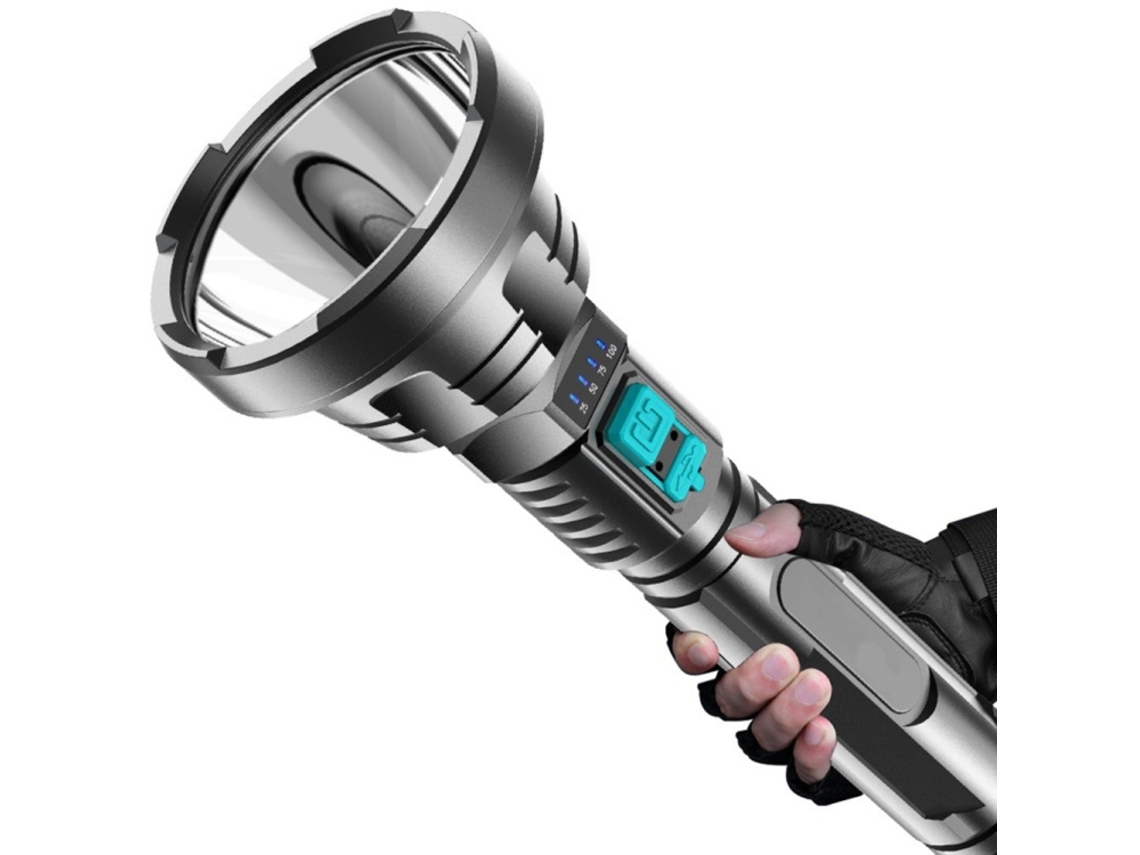 Linterna de alta potencia, recargable vía USB, con LED súper brillante y largo alcance para iluminación exterior. (negra)