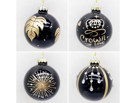 Set de 4 Bolas de Navidad Plateadas 8cm Bolas de Adornos de Árbol de Navidad Negro Dibujo