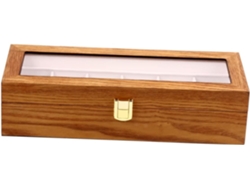 Caja de madera para relojes con compartimentos, ideal para guardar y exhibir.