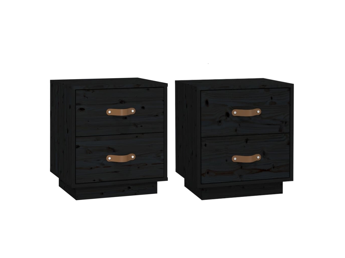 Juego de 2 mesitas de noche de madera maciza de pino, color negro, MAISON EXCLUSIVE, 40 x 34 x 45 cm