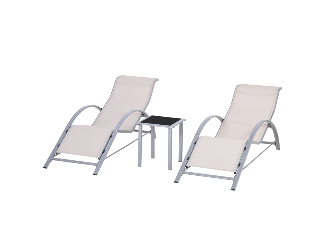 Juego 2 Tumbonas Exterior, Mesa Cristal Templado, 59x169x66cm, Beige