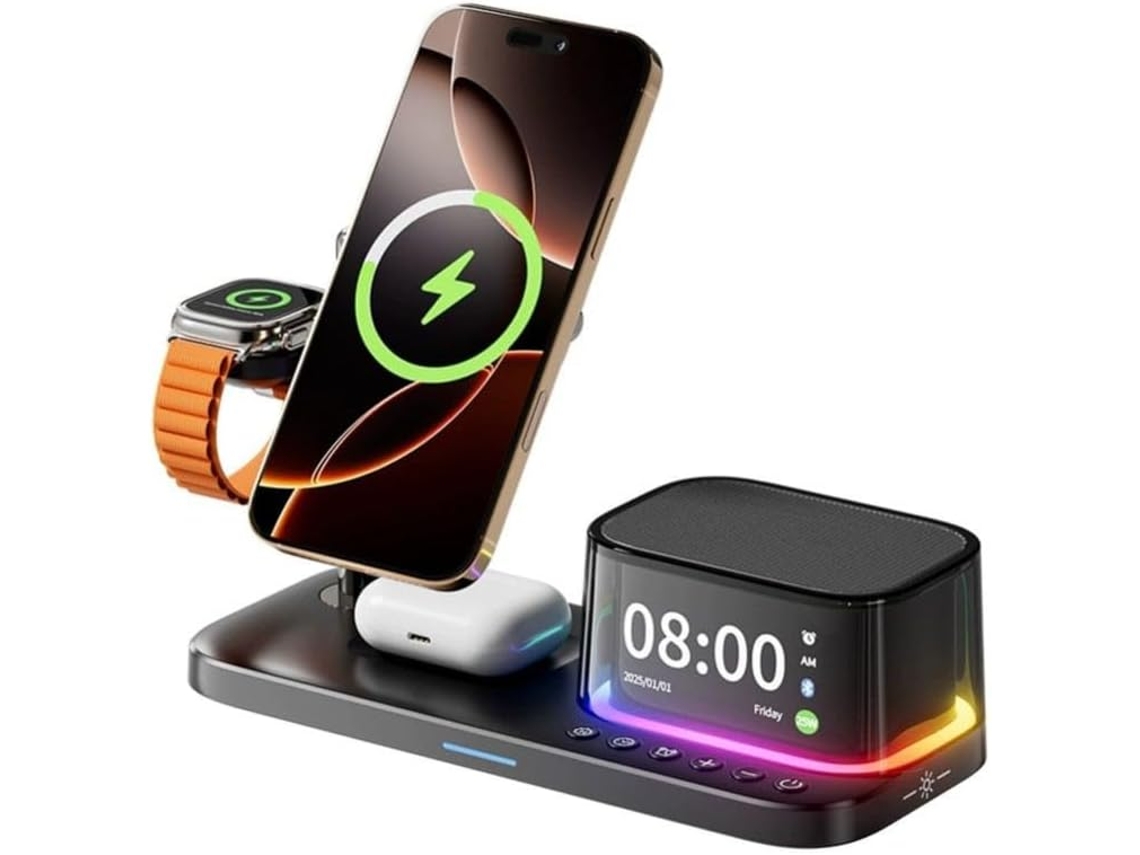 Estación De Carga 5 En 1, Altavoz Bluetooth, Despertador Y Luz Nocturna, Soporte Para Smartphone.