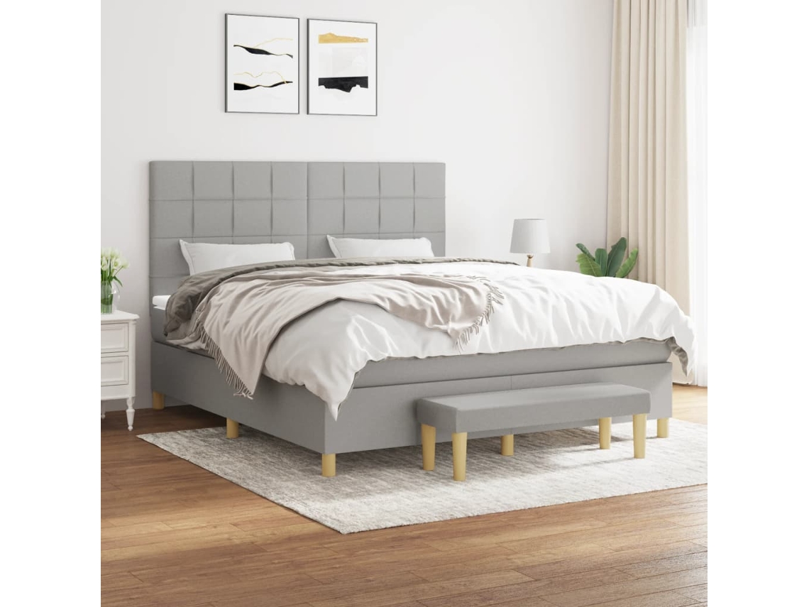 Cama Box Spring Con Colchón Tela Gris Claro 180x200 Cm
