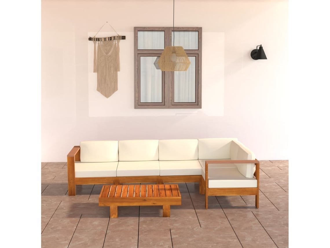 Conjunto de jardín de 6 piezas con cojines de acacia en blanco crema de DKD Home Decor
