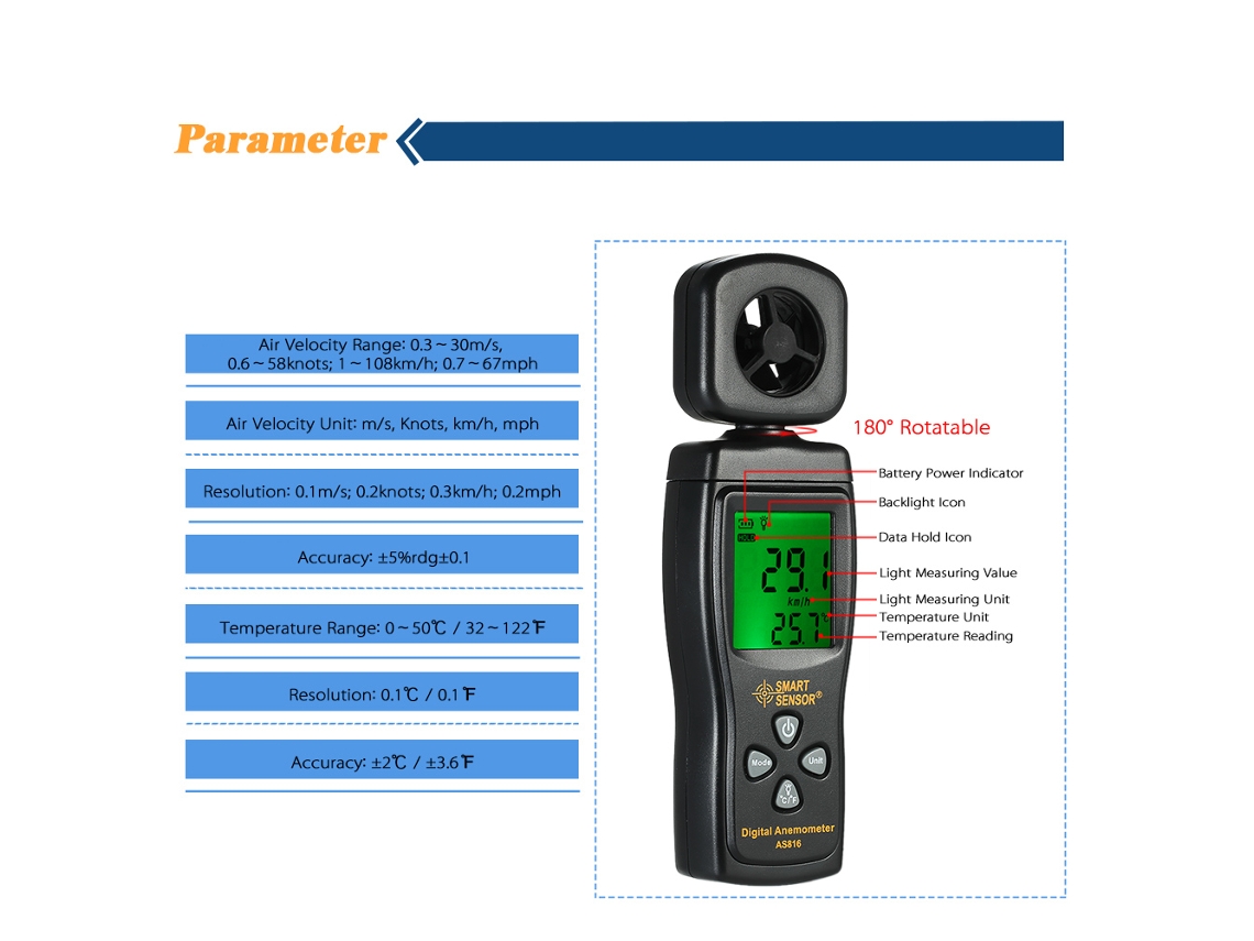 Mini Anemómetro Digital Con Sensor Inteligente, Medidor De Velocidad Del Viento Y Temperatura, Pantalla Lcd Y Retroiluminación.
