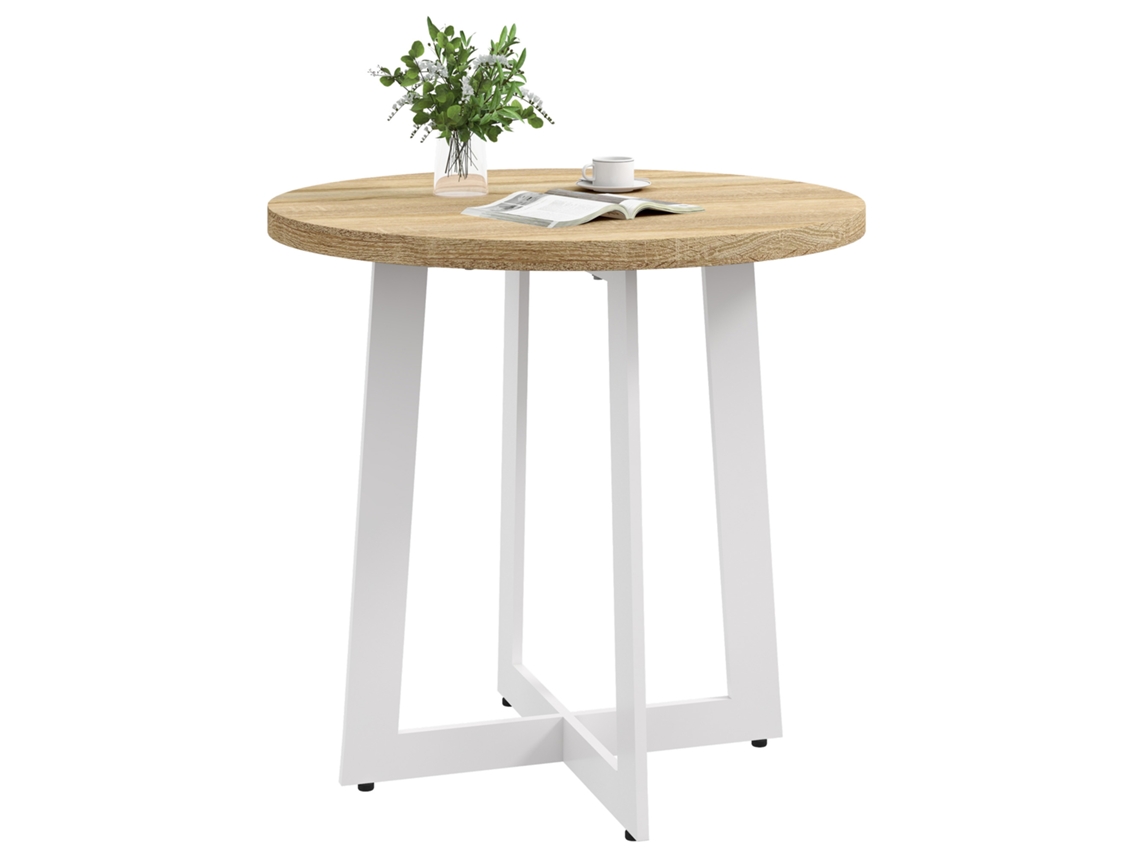 Mesa De Comedor Redonda Para 4 Personas, Tablero De Madera, Base De Acero En Forma De Cruz, Acabado En Roble, Ø80