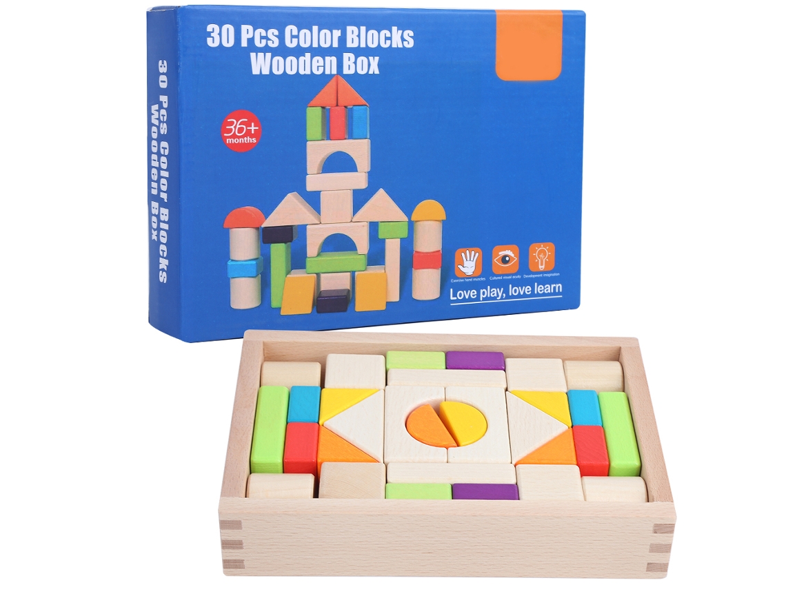Yncm-juguete Educativo De Bloques De Construcción Multicolor En Caja De Madera Para Niños 30 Piezas