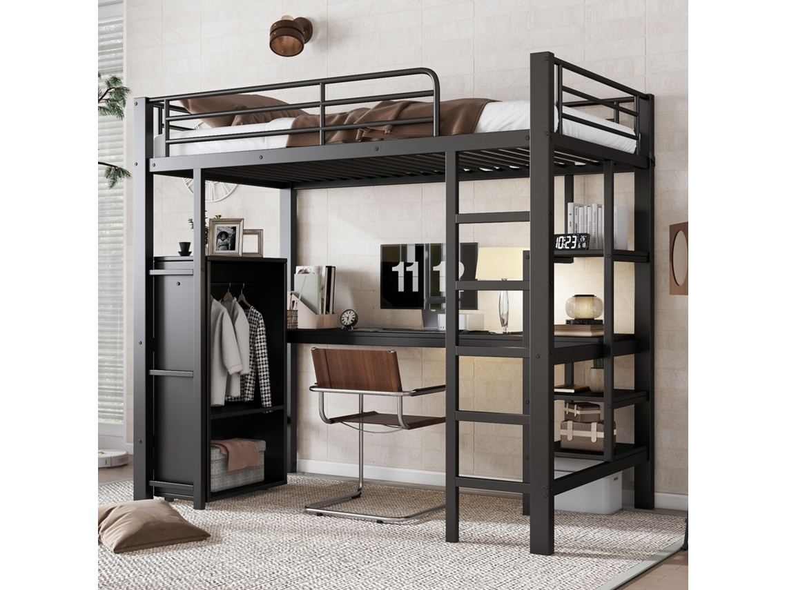 Litera Metálica De 90x200 Con Escritorio, Armario, Compartimentos Y Escalera Negra.