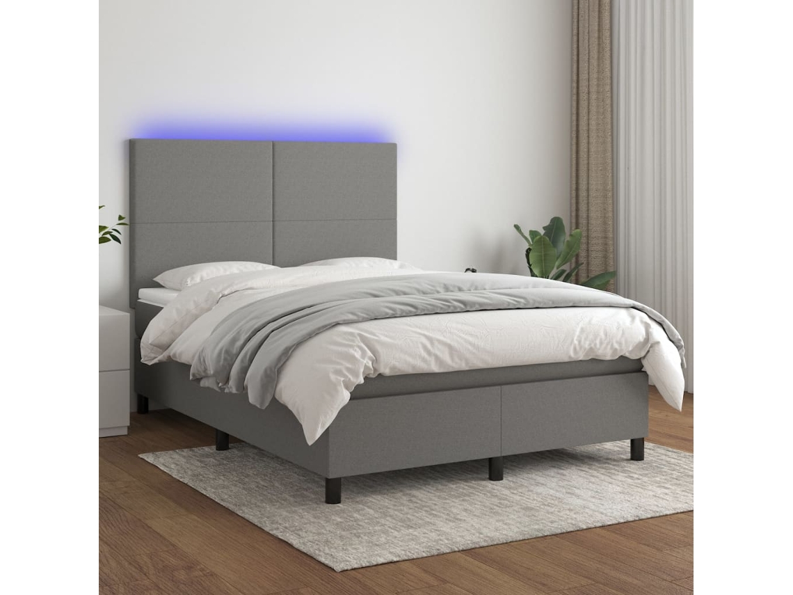 Cama Box Spring Colchón Y Luces Led Tela Gris Oscuro 140x200 Cm