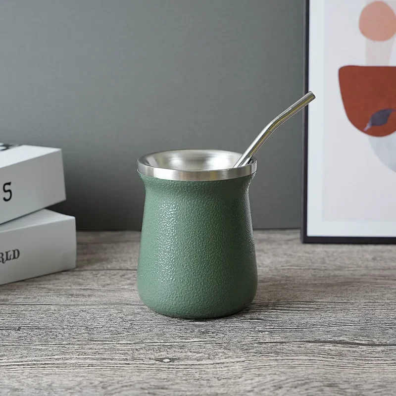 Xícara Para Chá Mate (240ml, Verde), Com Design De Parede Dupla A Vácuo, Acompanha Canudo, Feita De Aço Inoxidável 304.