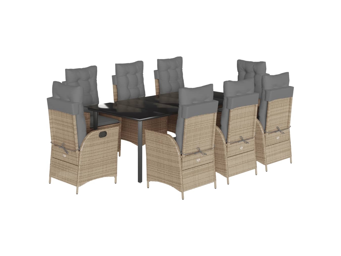 Juego de 9 piezas de comedor de jardín con cojines de mimbre, beige, EXCLUSIVA MAISON