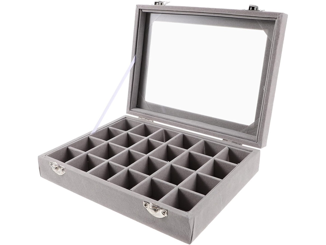Joyero Portátil Nuobesty De Terciopelo Gris Con 24 Compartimentos Y Ventana Transparente.
