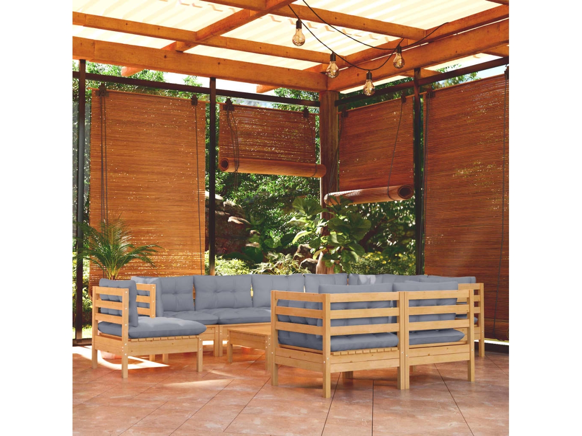 Conjunto de jardín DKD Home Decor de 10 piezas con cojines de pino macizo gris