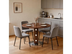 Mesa De Comedor Redonda 100 Cm - Pedestal Cuadrado, Detalles Espejo, Estructura Metálica - Nogal