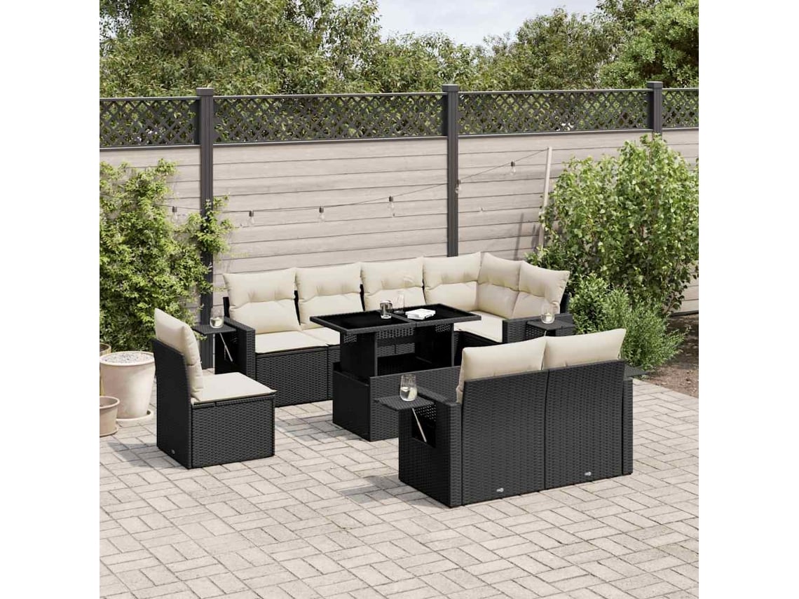 Conjunto de sofá de jardín de 9 piezas con cojines, ratán negro, Dkd Home Decor