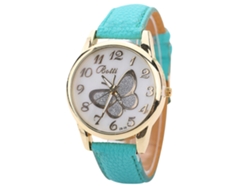 Reloj De Pulsera De Moda Para Mujer Con Correa De Piel Sintética Y Esfera Con Estampado De Mariposas Azul Cielo.