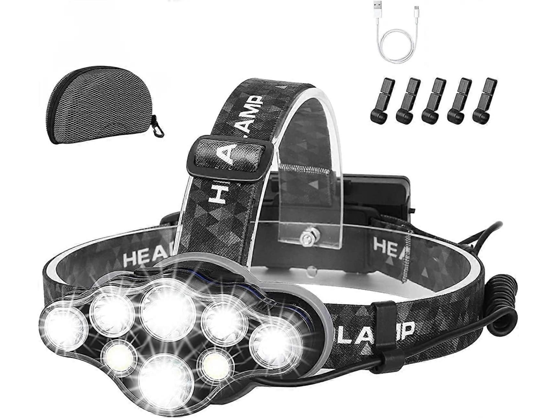 Linterna Frontal Super Brillante, 18000 Lúmenes 8 Led 8 Modos, Recargable Impermeable Ipx4 Para Camping Senderismo