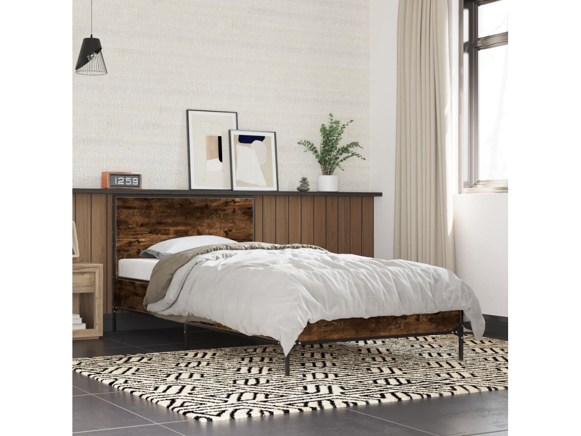 Estructura Cama Madera Ingeniería Metal Roble Ahumado 90x200 Cm