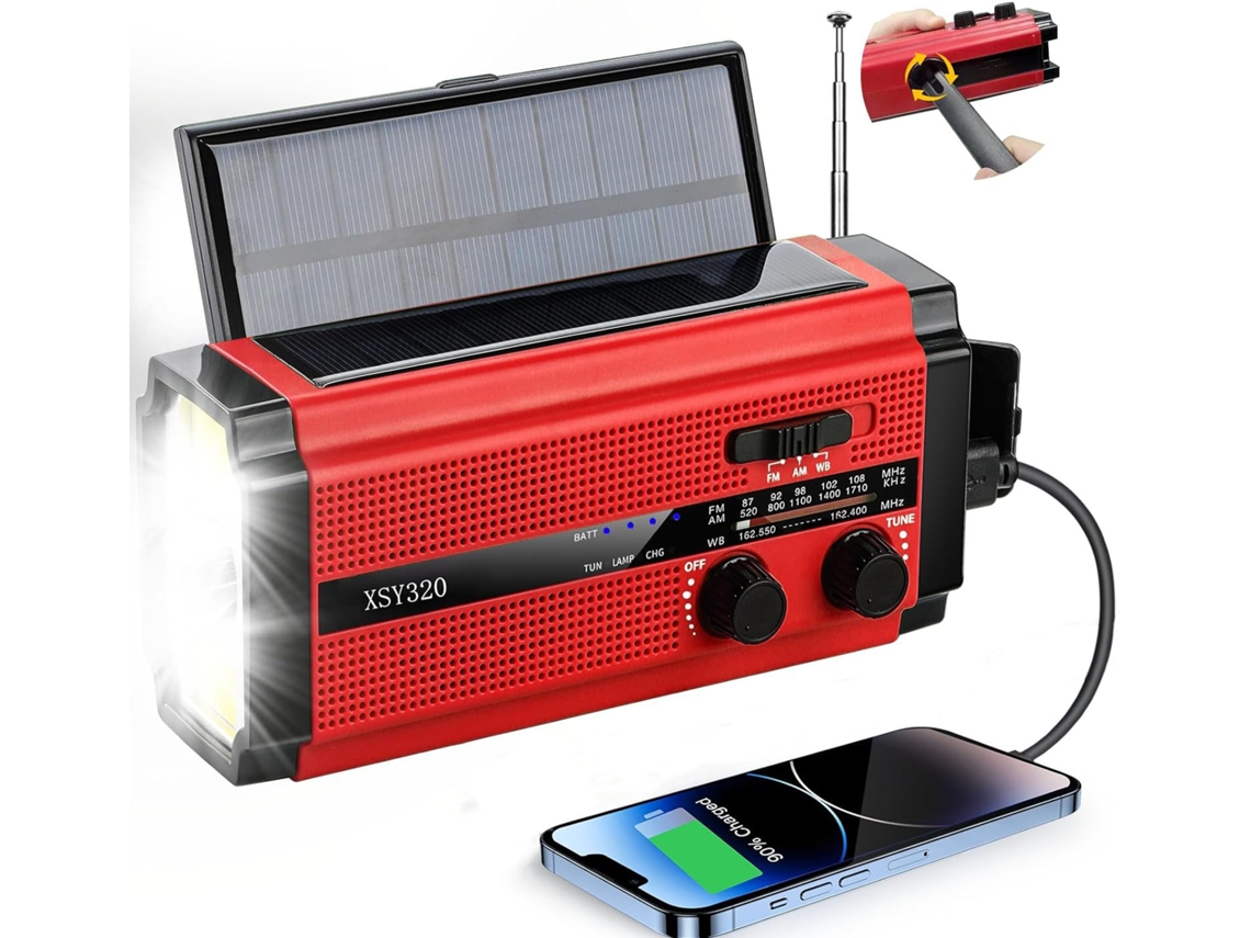Manivela Portátil Radio Solar Linterna Led Para Exteriores Radio Am/Fm Batería De 5000 Mah /Rojo DIGITALLAB