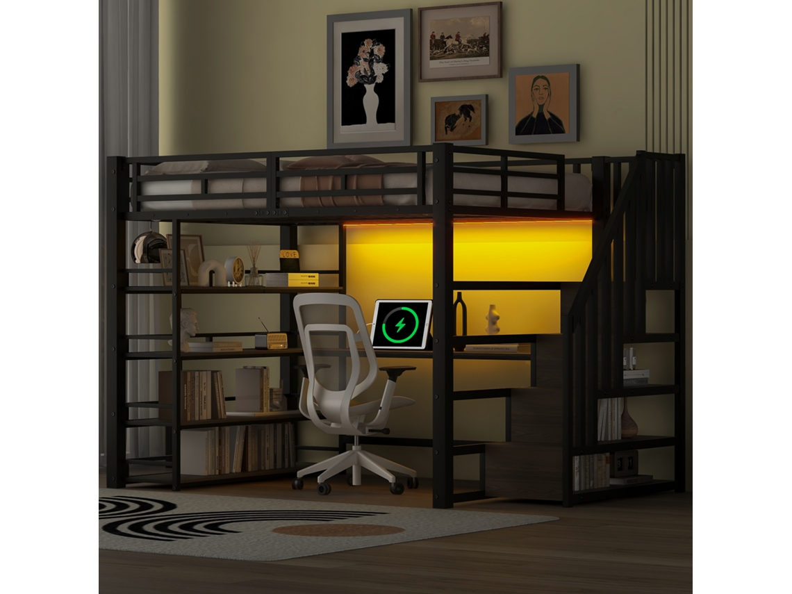 Cama alta de metal de 140 x 200 cm con escalera, escritorio, espacio de almacenamiento, USB y LED, muebles negros