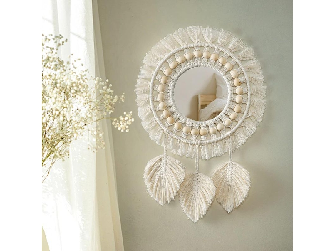 Espejo Redondo Decorativo De Pared Boho Con Encaje, Borlas, Perlas De Madera Y Plumas Beige