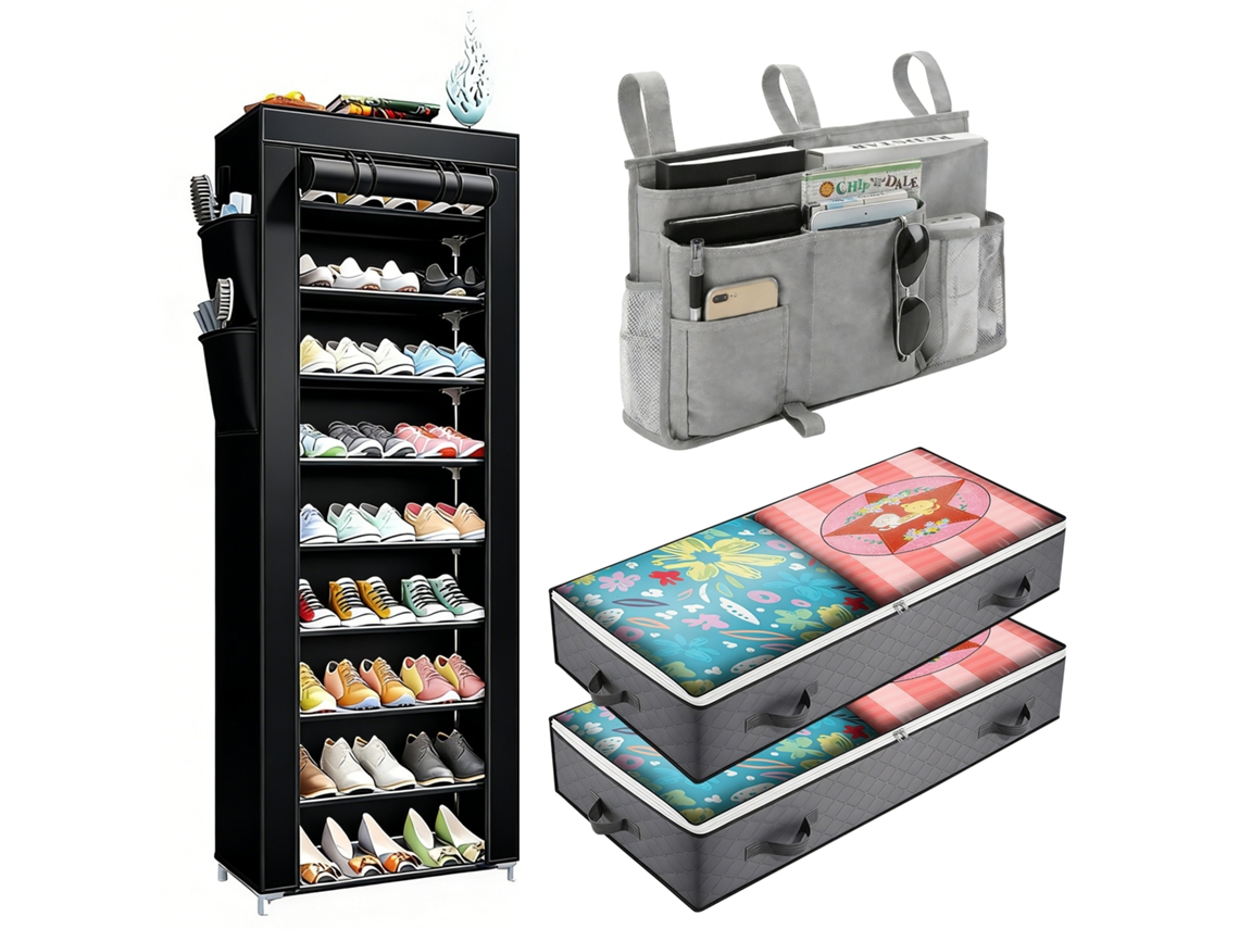 Organizador de dormitorio, zapatero, mesilla de noche y 2 cajas de almacenamiento bajo la cama, solución para espacios pequeños, diseño alemán YCONE