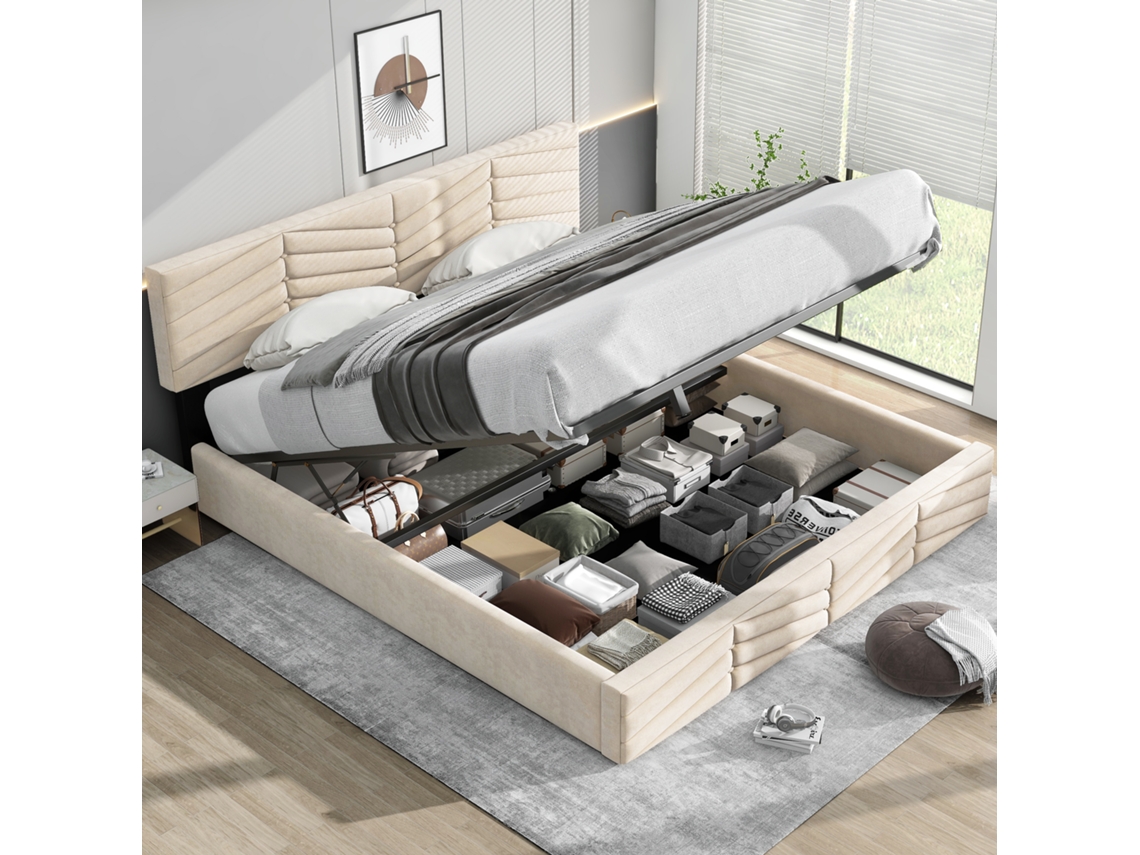Cama Doble De 160x200 Cm Con Almacenamiento Hidráulico, Cabecero Regulable, Estilo A Rayas, Terciopelo Beige.