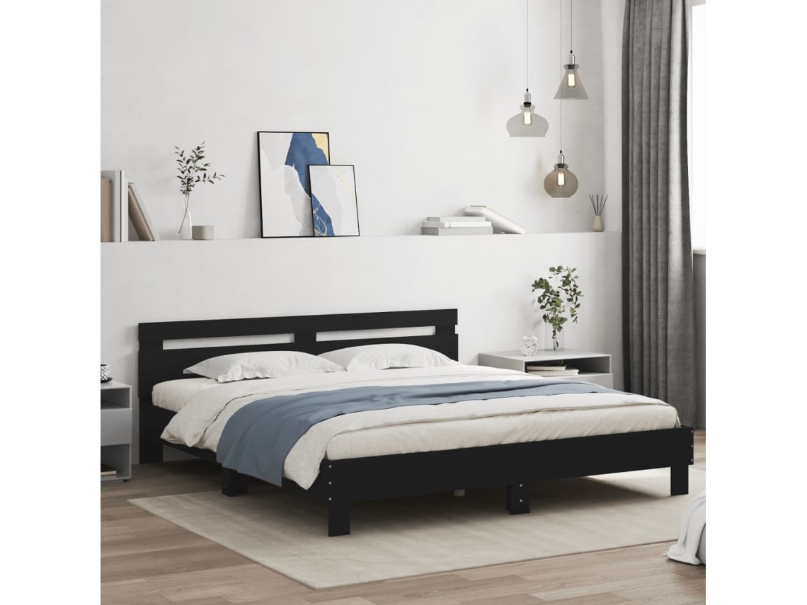 Estructura De Cama Cabecero Y Luces Led Negra160x200 Cm