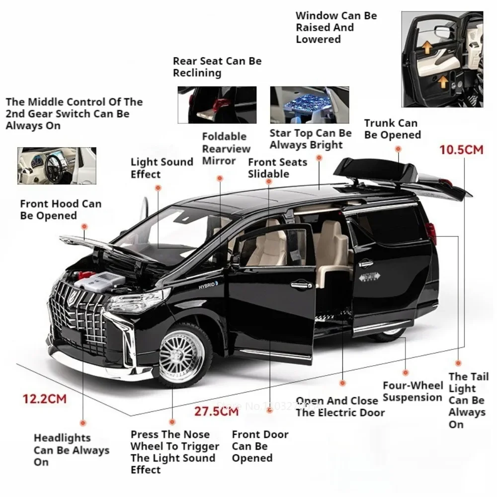 (alphard Black) Modelo De Coche A Escala 1:18 Con Efectos De Luz Y Sonido, Se Pueden Abrir Las Puertas.