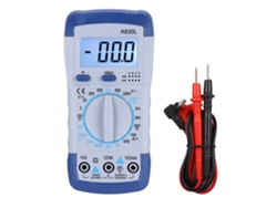 Multímetro digital portátil multifuncional com tela LCD, detector de tensão e corrente AC/DC, nas cores azul e branca.