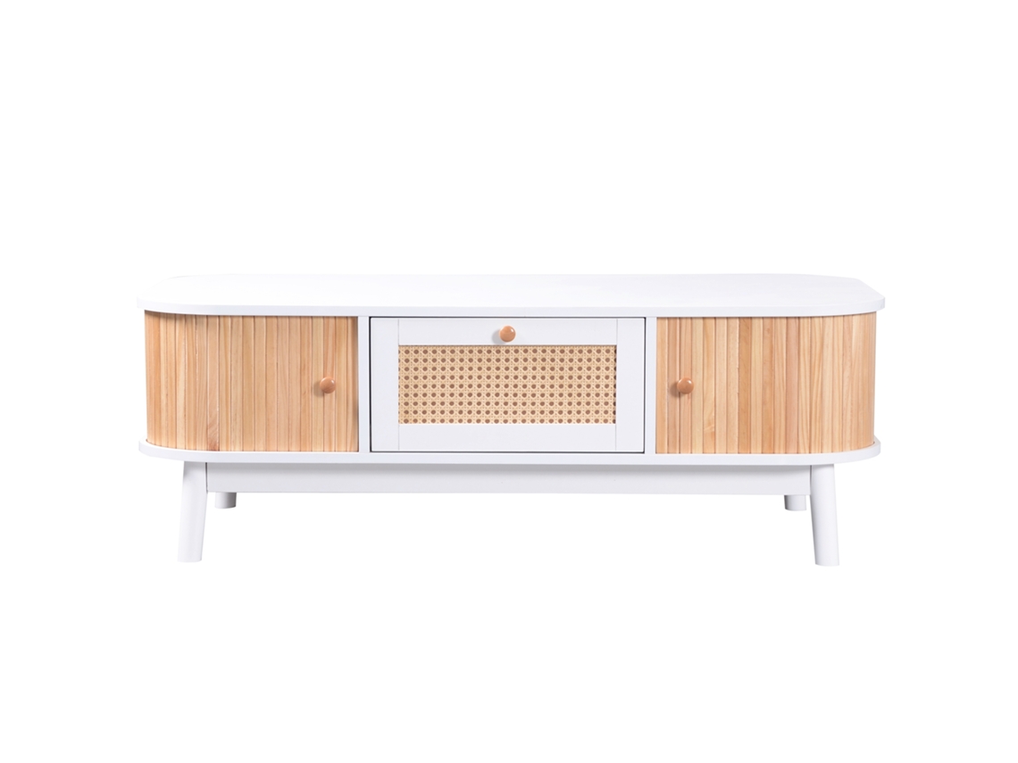 Mesa de Centro para Salón Decorada con Ratán y Madera Maciza Estilo Rústico Blanco Mobrio