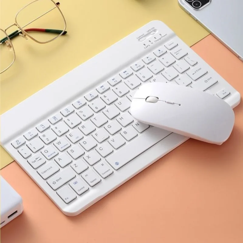 Teclado y ratón blancos (inglés y español) Teclado inalámbrico Bluetooth, ratón recargable ultrafino