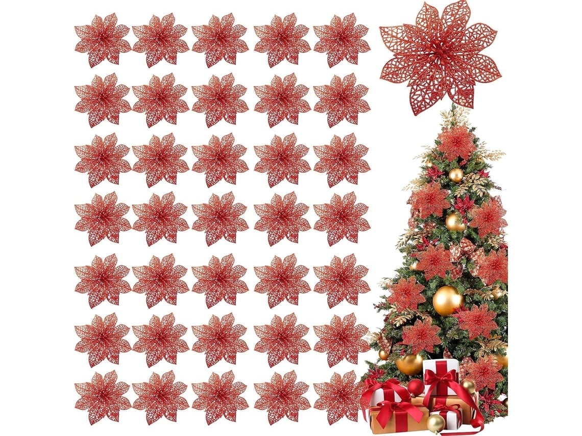 Es Un Juego De 36 Adornos Florales Navideños, Perfectos Para Decorar El Árbol De Navidad. Fabricados En Rayón, Su Diseño Ergonómico Los Hace