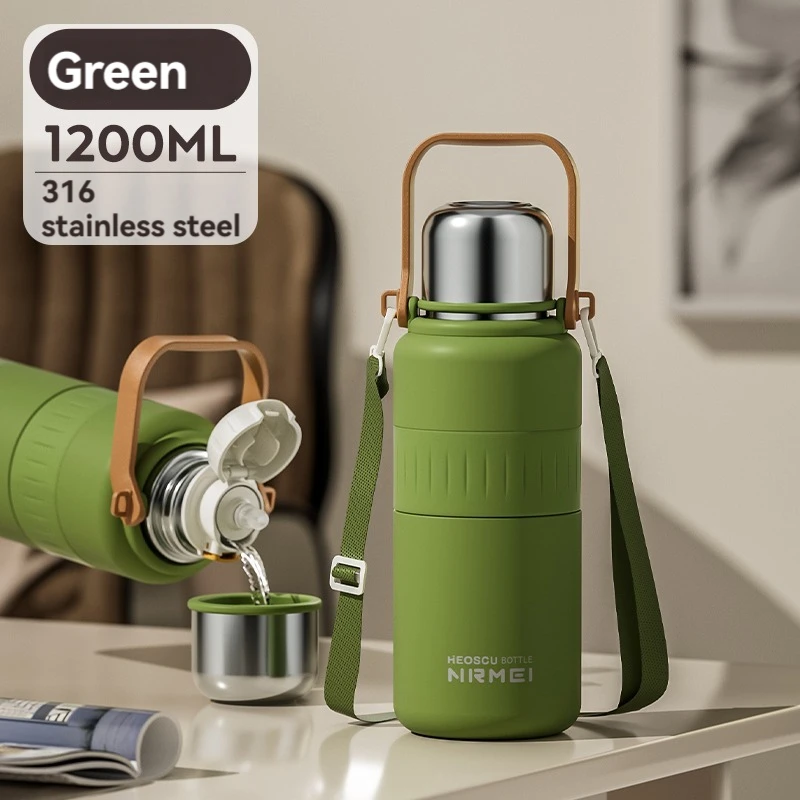 (verde, 1200 Ml) Botella De Agua Isotérmica De Acero Inoxidable Con Asa Y Pajita, Con Aislamiento Al Vacío, Apta Para Agua Fría Y Caliente.