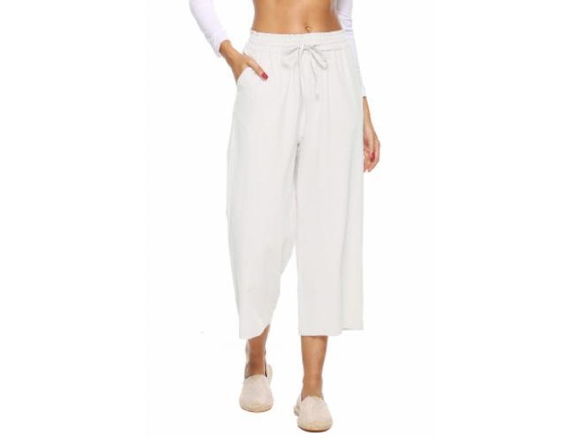 2026-pantalones De Lino Para Mujer De Cintura Alta, Pierna Ancha Con Cordón Y Bolsillos Casuales L Blanco