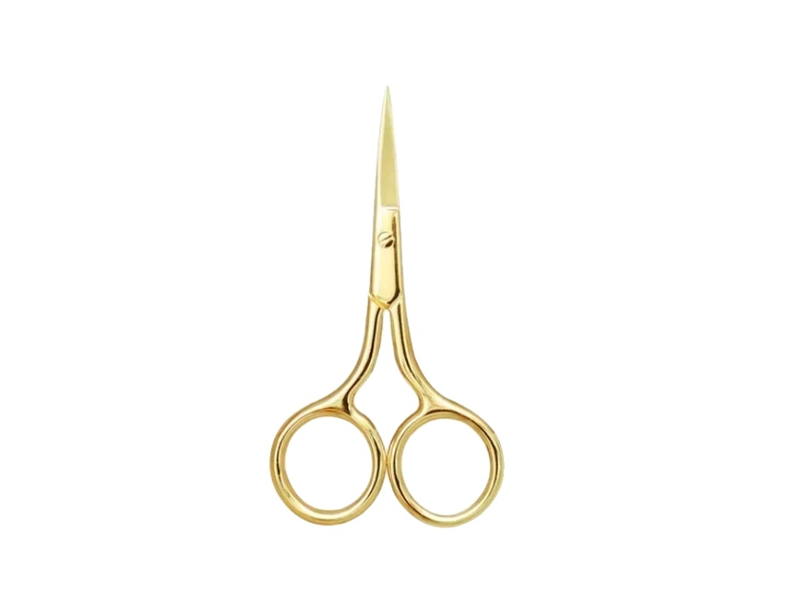 Tijeras de maquillaje, acero inoxidable, diseño ergonómico, color dorado para cejas