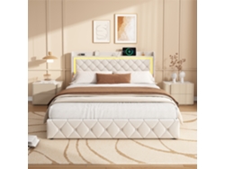 Cama De Matrimonio 140x190 Cama Tapizada Con Almacenamiento,cabecero Con Estante,luces Led Rgb Y Carga Usb/type-c, Terciopelo Beige Cama Adulto Doble