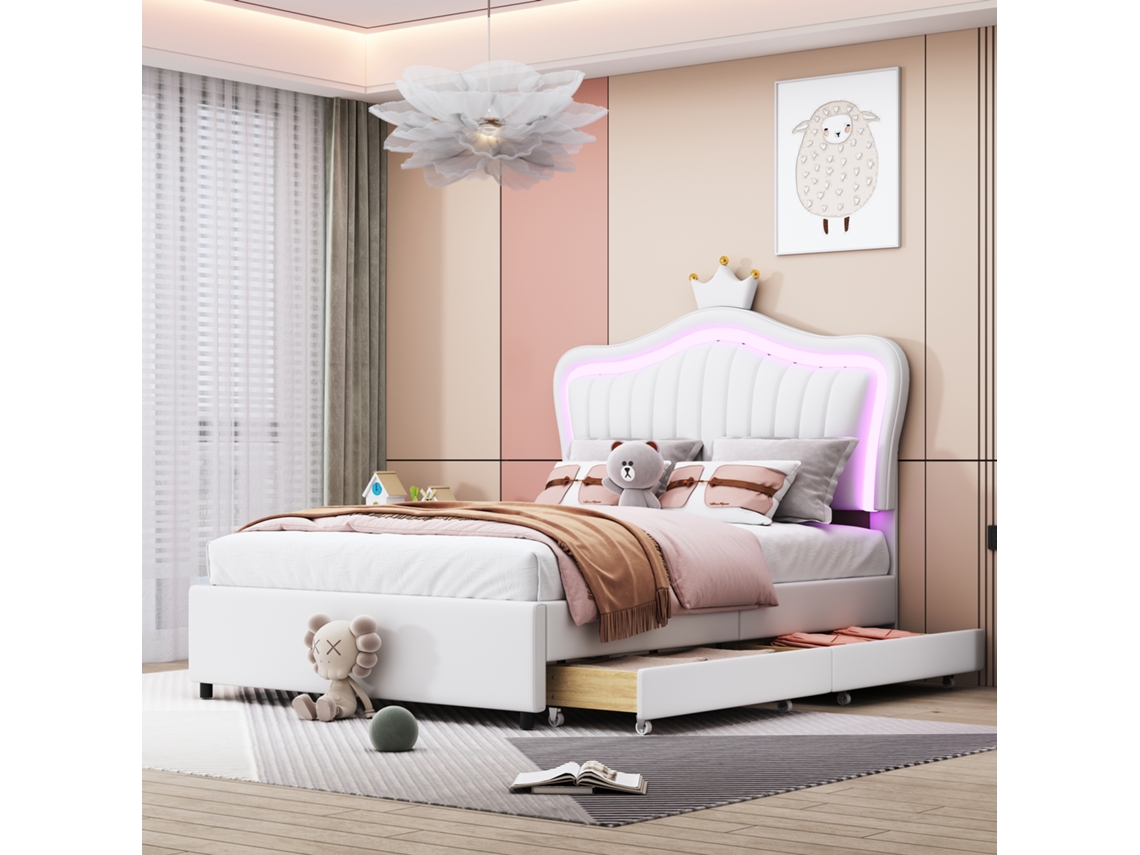 Cama Infantil 90x200 Cm - Cama Individual De Princesa Blanca Pu Con Almacenamiento, Luces Led, Somier Y Respaldo