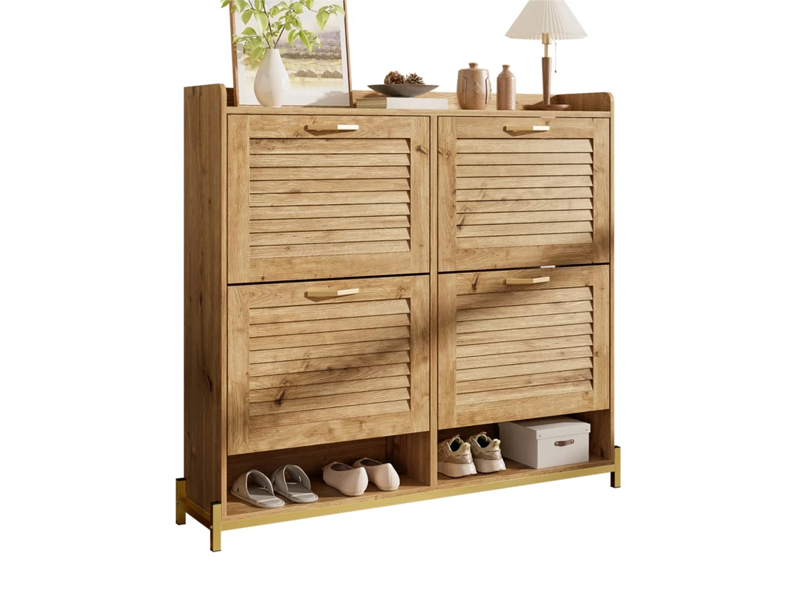 Zapatero MOBRIO de 4 puertas, estructura de metal, organizador de zapatos de madera (108,5 x 24 x 100 cm)