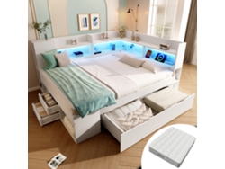 Cama Funcional 140x200 Cm Blanca Con Led, Usb/type-c, Estantes, Cajones Y Almacenaje, Cama Doble Juvenil Con Somier Y Colchón