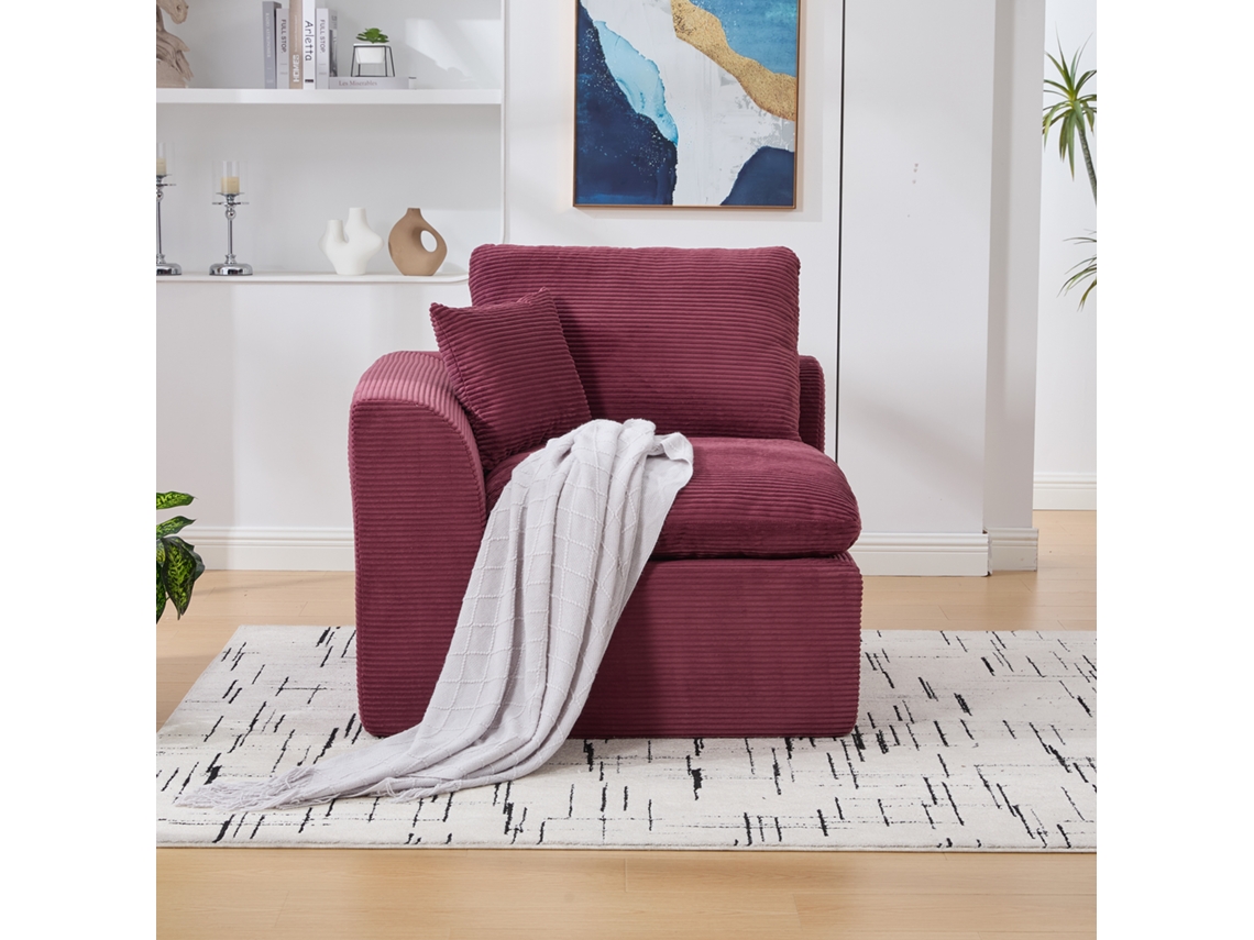 Sofá De 1 Plaza Moderno Minimalista Escandinavo, Terciopelo Acanalado, Cojín Incluido, Sin Montaje, Asiento Mullido, Color Vino Tinto