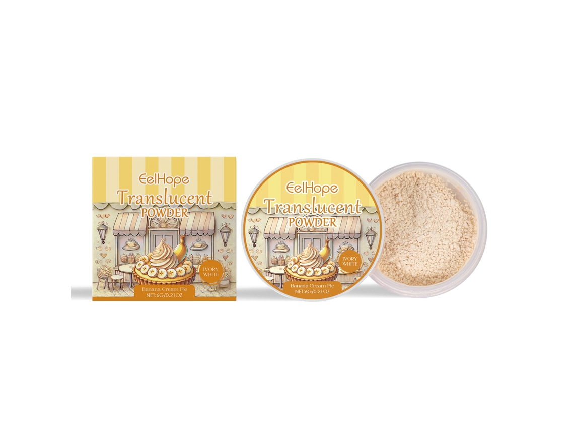 Polvos fijadores blancos color marfil con aroma a crema de pastel y plátano.