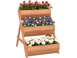 Macetero elevado de madera con drenaje, 3 niveles, para jardines exteriores, 65x75x76 cm, color castaño.